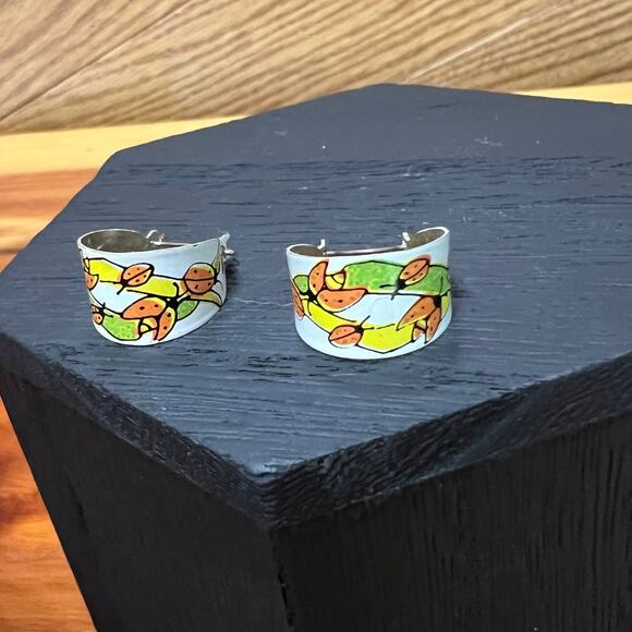 Vintage Set 1970's LadyBug Earrings Thin Metal Small Hoop Art Deco Style - Picture 1 of 8